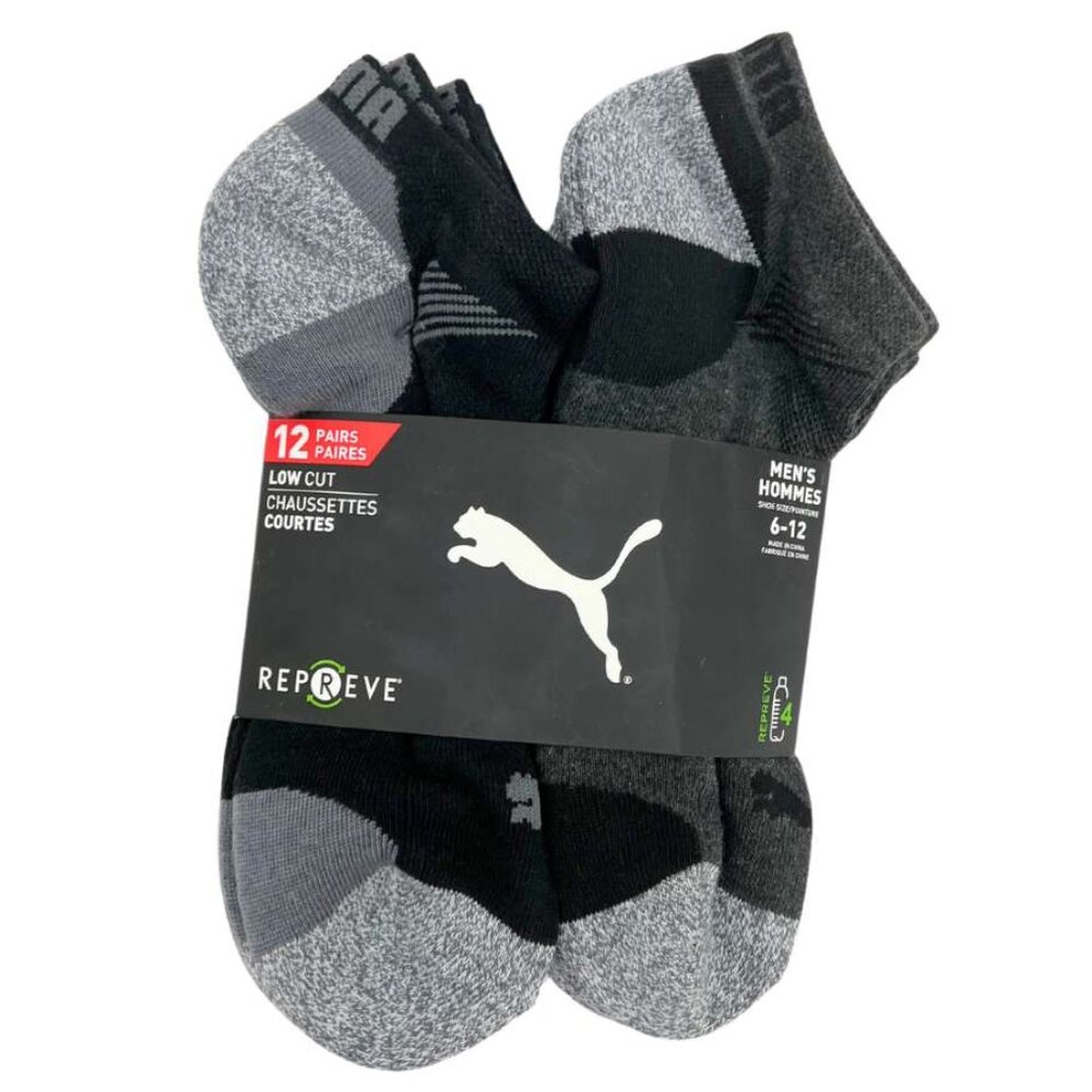 Puma Men's Grey & Black Low Cut Socks: 12 Pairs / Size 6-12